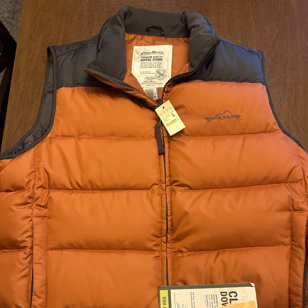 Eddie Bauer, orange and gray down vest. NWT!